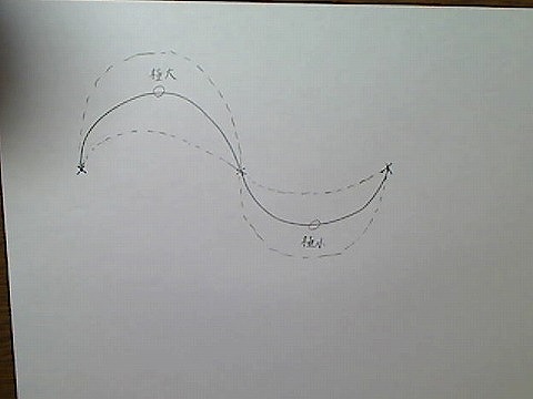 極大、極小を無視して描いた曲線。薄く本来の曲線。