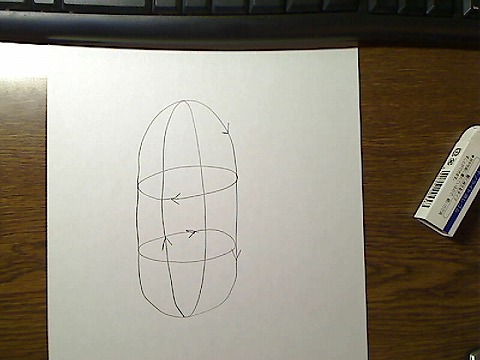 縦長のカプセルに3方向回転軸の輪郭線を描いた図