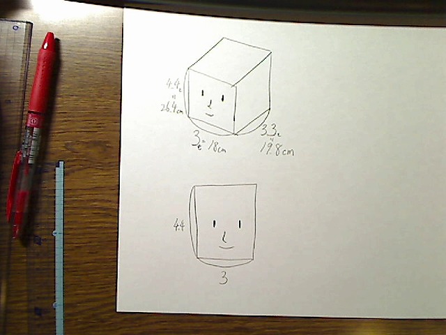 頭部BOXのみ、正面図、長さはモジュール目と鼻と口を簡単に描画。
