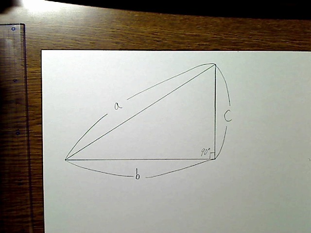 直角三角形、斜辺がa、底辺がb、もう一つの辺がc。