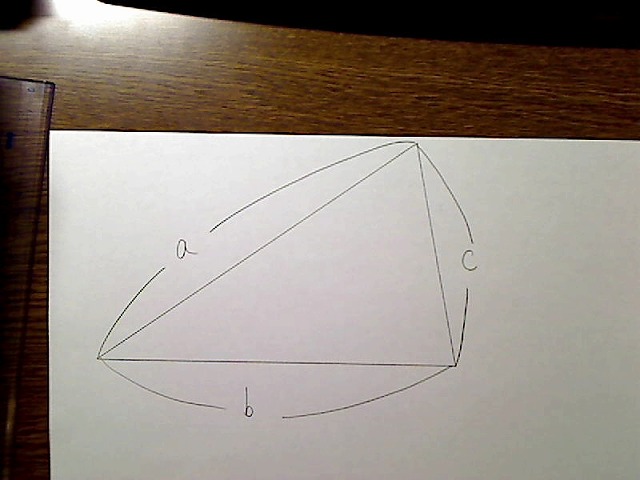 直角三角形ではいただの三角形。斜辺がa、底辺がb、残りの辺がc