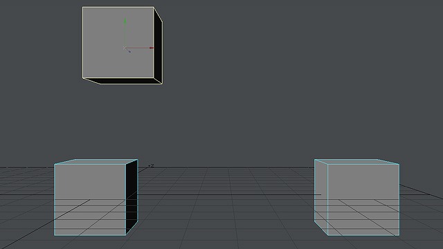 3DCGで箱が3つある。一点透視図法の図。奥行きの線を色を変える。