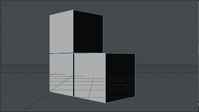3DCGで箱が3つ、二点透視図法。