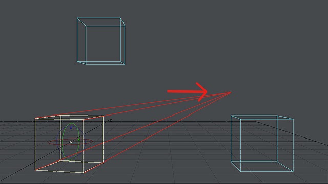 一点透視図法の箱の一つを少し角度をずらして消失点を変える。ずらした箱の奥行き線は別の消失点へ向かう。