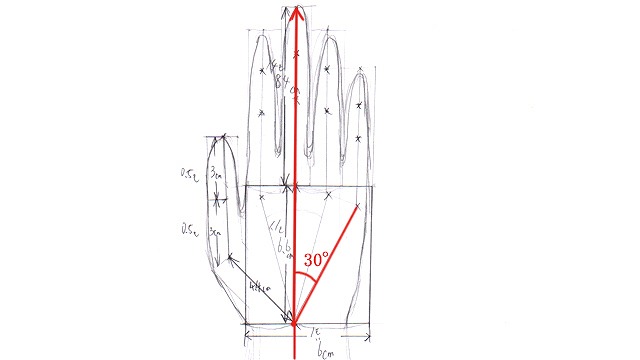 下腕の延長線上に中指、それを手首関節を中心に30度の方向に小指関節、の図。